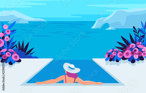 Vector illustration in trendy flat and simple style - summer landscape and woman enjoying vacation