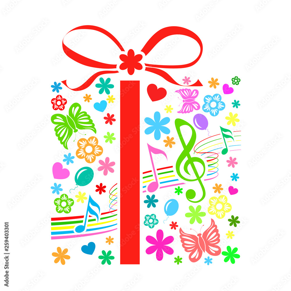 Spring colorful gift box with flowers, music notes, hearts and butterflies vector illustration Spring colorful gift box with flowers, music notes, hearts and butterflies vector illustration