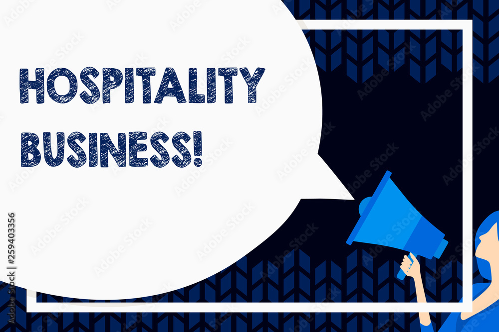 Word writing text Hospitality Business. Business photo showcasing broad category of fields within service industry Huge Blank Speech Bubble Round Shape. Slim Woman Holding Colorful Megaphone