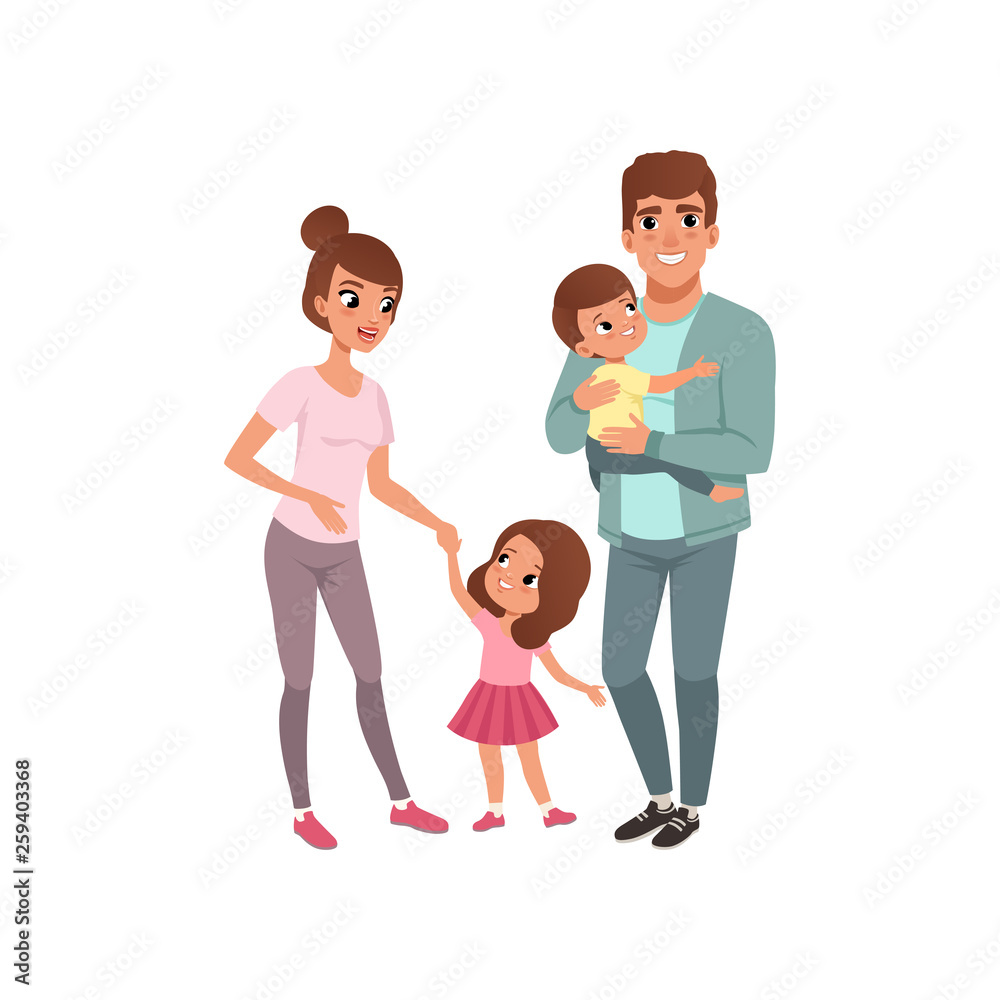 Family couple with two kids, parents with their little son and daughter vector Illustration on a white background Family couple with two kids, parents with their little son and daughter vector Illustration on a white background