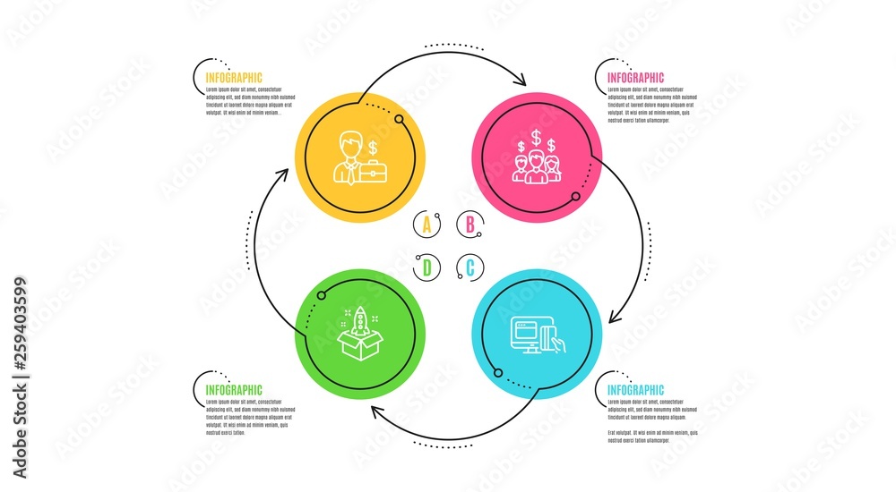Salary employees, Businessman case and Startup icons simple set. Infographic timeline. Online payment sign. People earnings, Human resources, Innovation. Money. Finance set. Cycle infographic. Vector Salary employees, Businessman case and Startup icons simple set. Infographic timeline. Online payment sign. People earnings, Human resources, Innovation. Money. Finance set. Cycle infographic. Vector