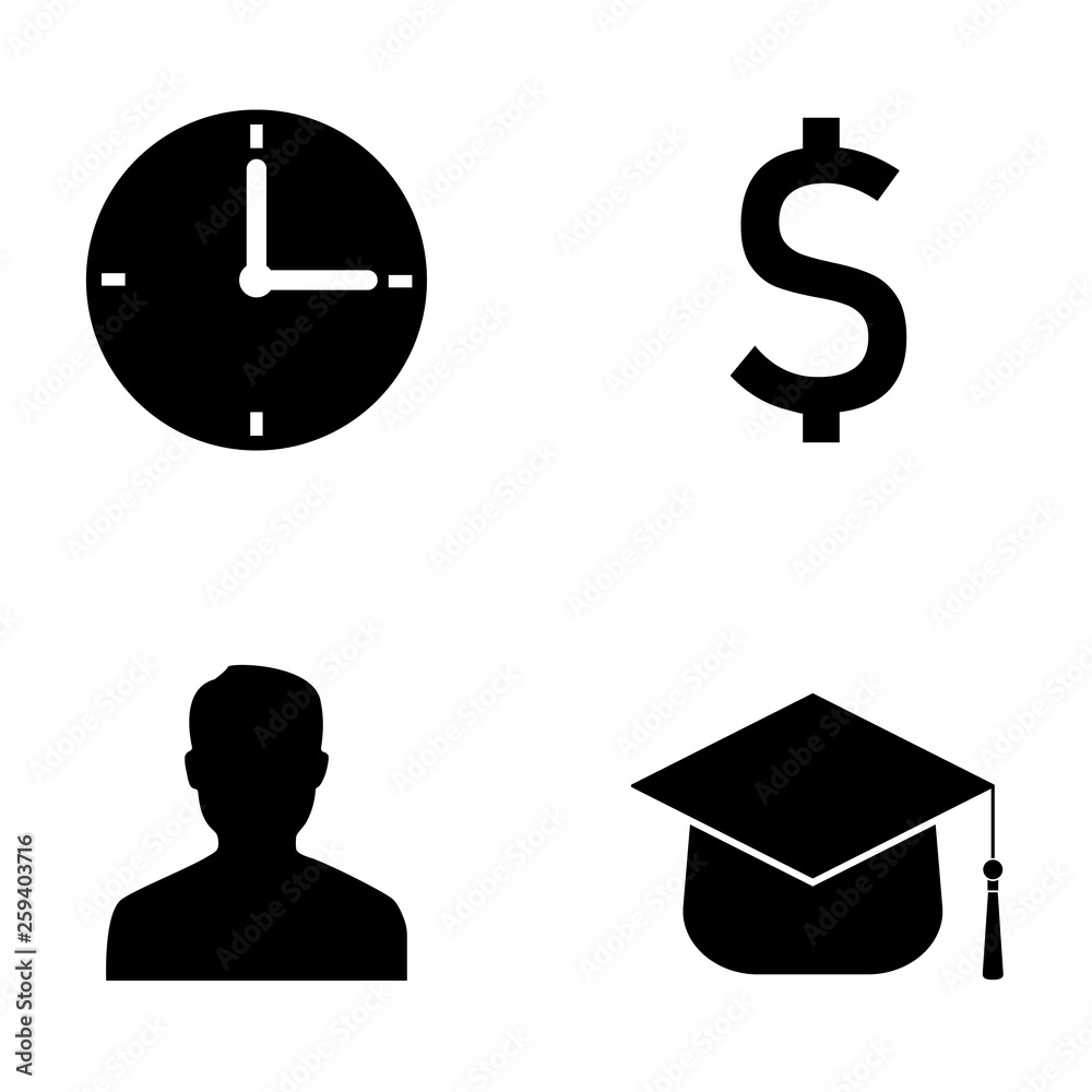 Time, Money, Man, Knowledge Icons isolated on white background. Business Concept. Black Silhouette Signs. Vector illustration for Your Design, Web. Time, Money, Man, Knowledge Icons isolated on white background. Business Concept. Black Silhouette Signs. Vector illustration for Your Design, Web.
