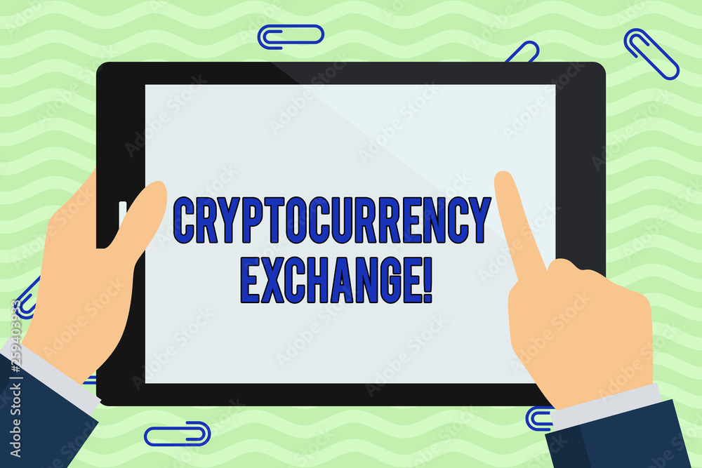 Writing note showing Cryptocurrency Exchange. Business concept for business allows customers to trade cryptocurrencies Hand Holding Pointing Touching Color Tablet White Screen Writing note showing Cryptocurrency Exchange. Business concept for business allows customers to trade cryptocurrencies Hand Holding Pointing Touching Color Tablet White Screen