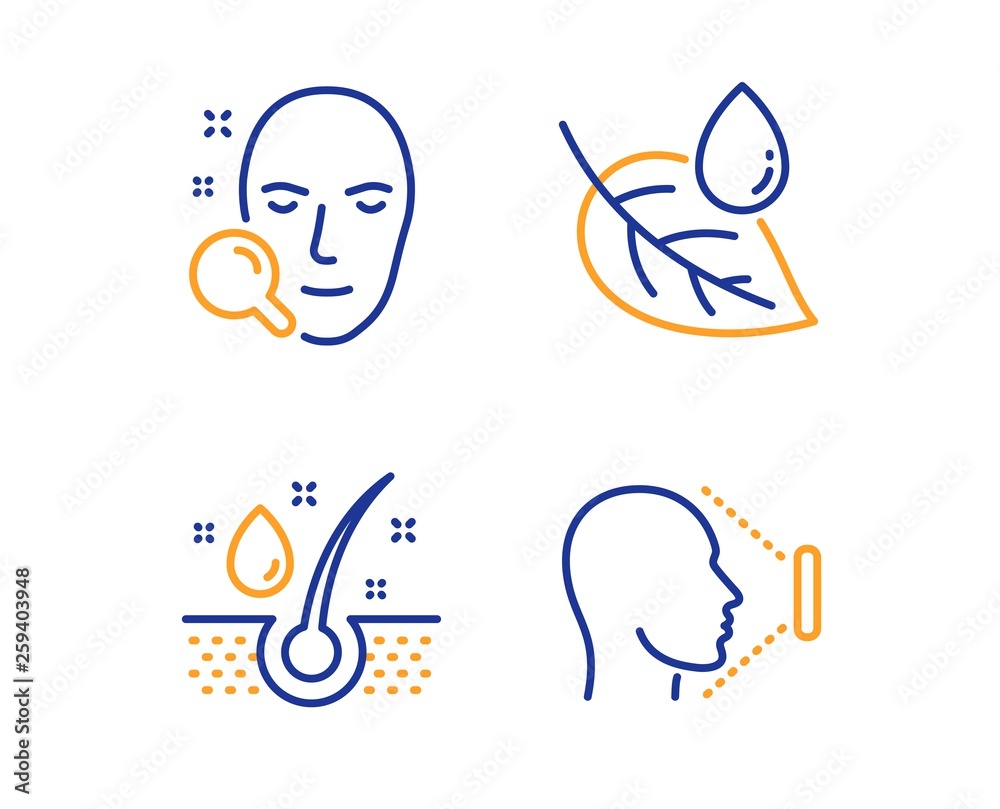 Serum oil, Leaf dew and Face search icons simple set. Face id sign. Healthy hairs, Water drop, Find user. Identification system. Healthcare set. Linear serum oil icon. Colorful design set. Vector