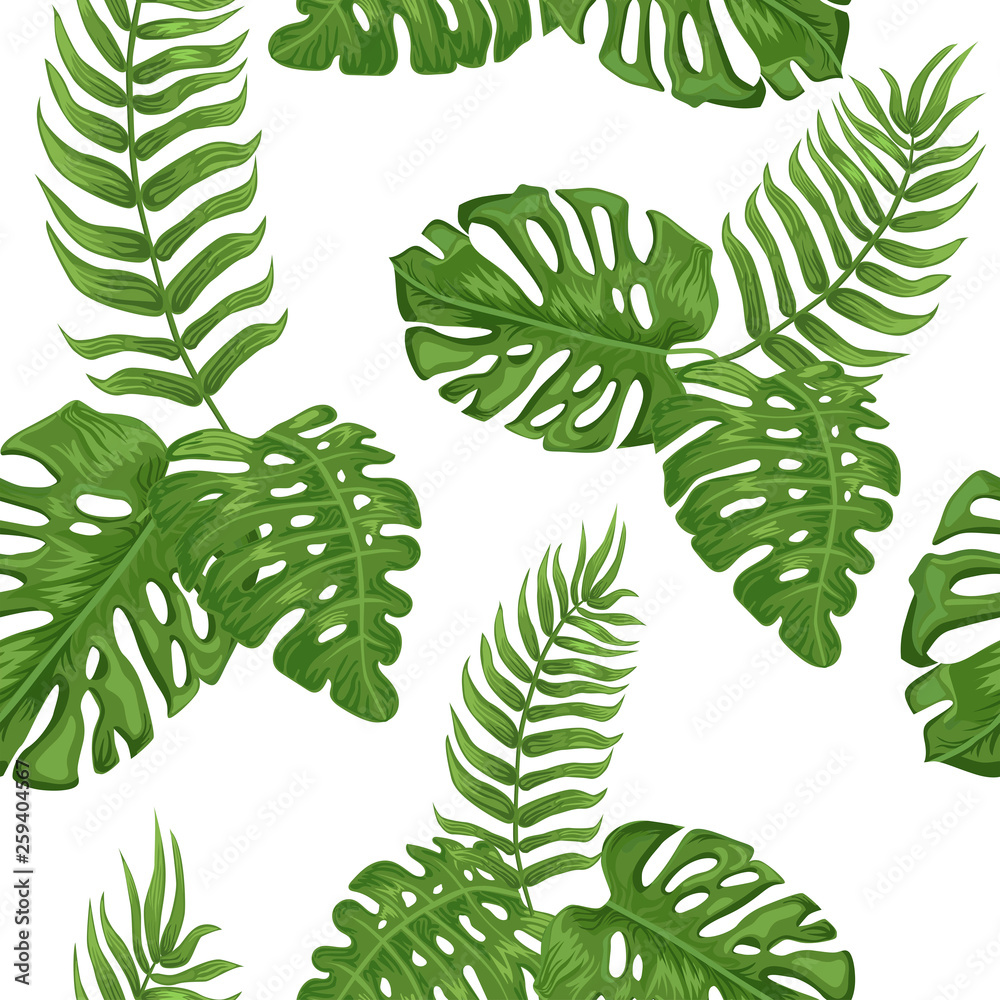Seamless pattern with tropical palm leaves on white background
