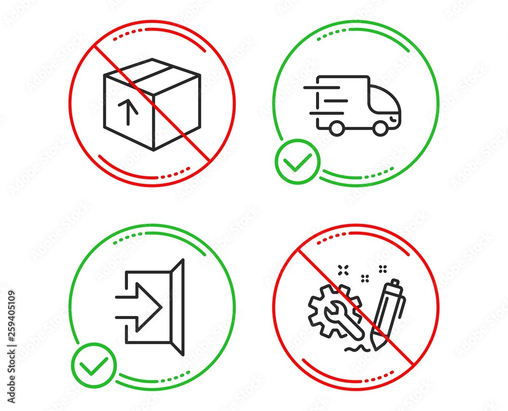 Do or Stop. Package, Exit and Truck delivery icons simple set. Engineering sign. Delivery pack, Escape, Express service. Construction. Industrial set. Line package do icon. Prohibited ban stop Do or Stop. Package, Exit and Truck delivery icons simple set. Engineering sign. Delivery pack, Escape, Express service. Construction. Industrial set. Line package do icon. Prohibited ban stop