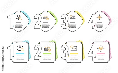 Operational excellence, Search package and Online documentation icons simple set. Parcel delivery sign. Corporate business, Tracking service, Web engineering. Logistics service. Industrial set