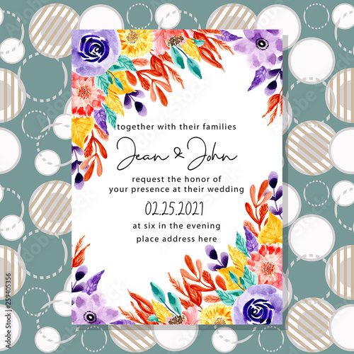 wedding invitation card watercolor floral with circle background