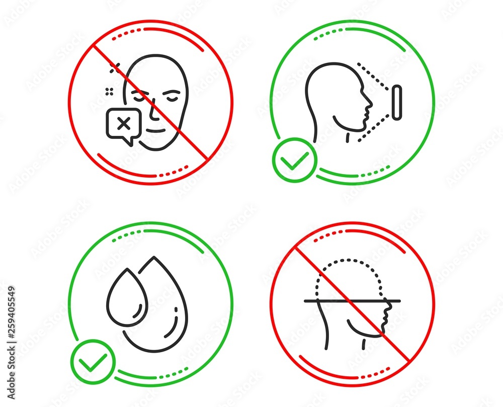 Do or Stop. Face declined, Oil drop and Face id icons simple set. Identification error, Serum, Identification system. Faces detection. Medical set. Line face declined do icon. Prohibited ban stop Do or Stop. Face declined, Oil drop and Face id icons simple set. Identification error, Serum, Identification system. Faces detection. Medical set. Line face declined do icon. Prohibited ban stop