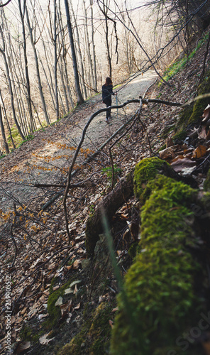 Lonely Girl hiking in the forest with a stick