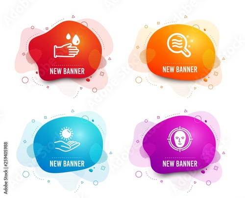Liquid badges. Set of Skin condition, Sun protection and Rubber gloves icons. Face detect sign. Search magnifier, Ultraviolet care, Hygiene equipment. Select target.  Gradient skin condition icon