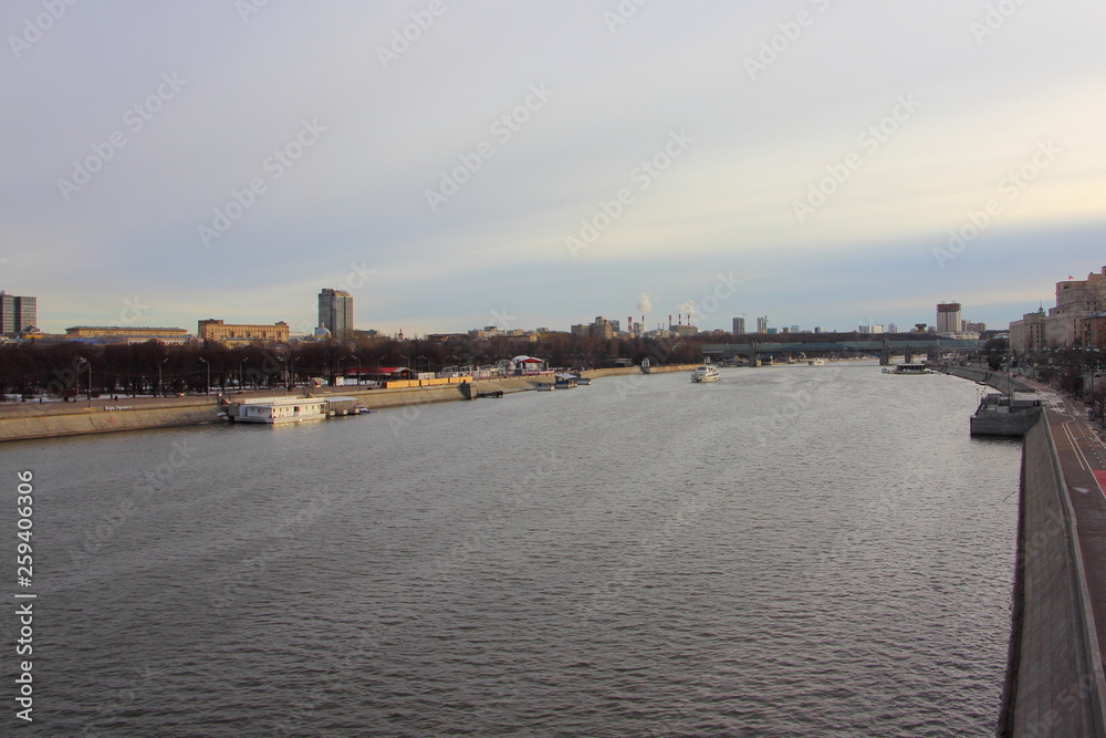 Top view of the Moscow river and embankments from the Crimean bridge on a spring day