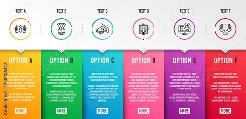 Atm money, Best rank and Elevator icons simple set. Like video, Laureate and Winner signs. Dollar currency, Success medal. Infographic template. 6 steps timeline. Business options. Vector