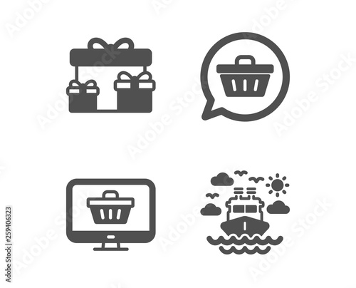 Set of Surprise boxes, Web shop and Shopping cart icons. Ship travel sign. Holiday gifts, Shopping cart, Dreaming of gift. Cruise transport.  Classic design surprise boxes icon. Flat design. Vector