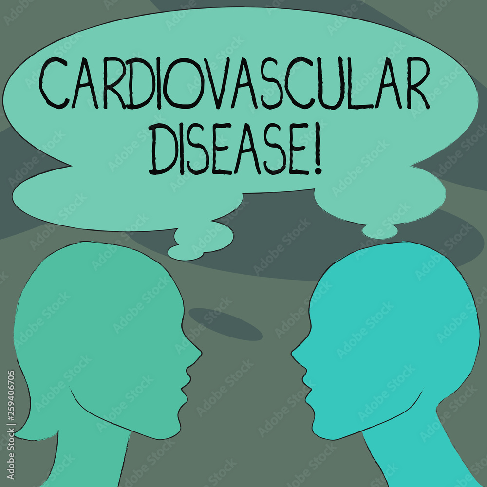 Handwriting text Cardiovascular Disease. Conceptual photo conditions involve narrowed or blocked blood vessels Silhouette Sideview Profile Image of Man and Woman with Shared Thought Bubble