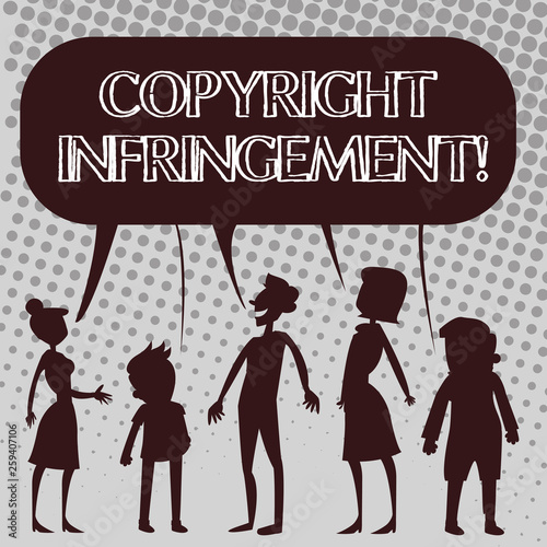 Handwriting text Copyright Infringement. Conceptual photo use of works protected by law without permission Silhouette Figure of People Talking and Sharing One Colorful Speech Bubble