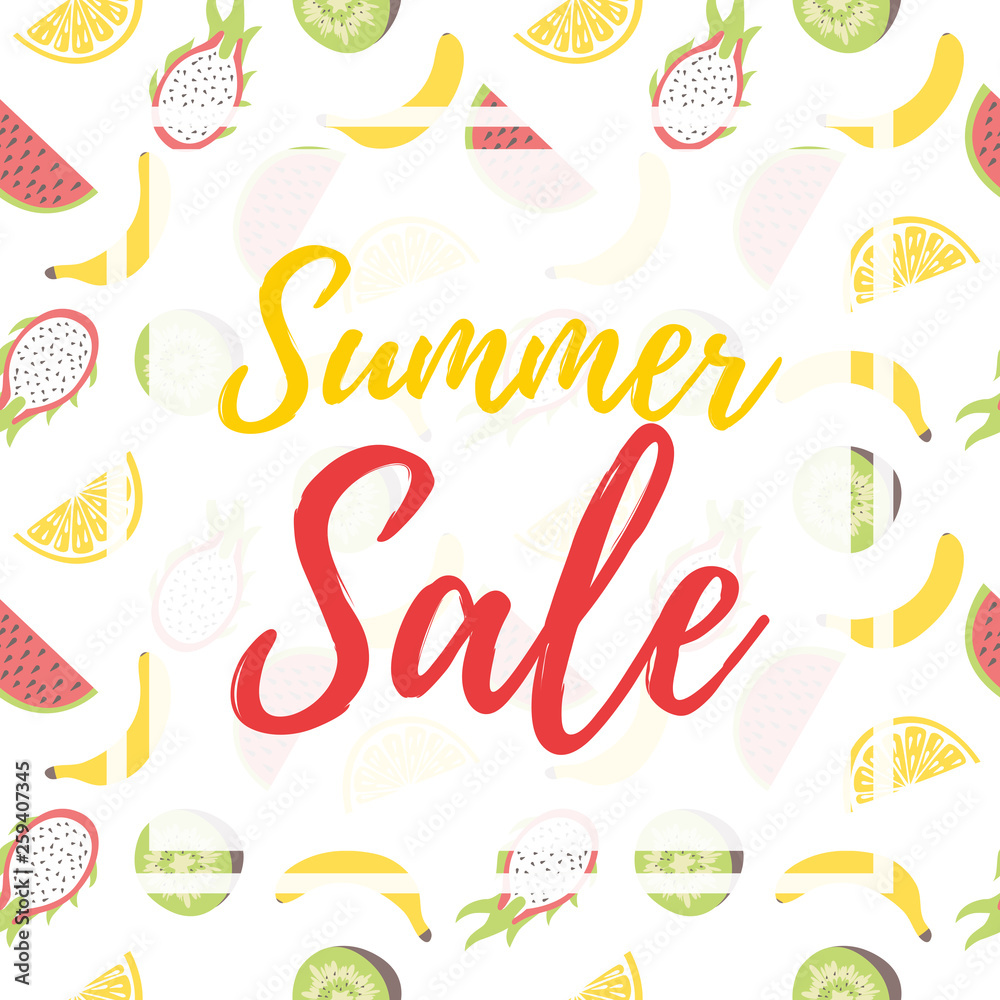 Summer sale flyer. Vector poster for summer sale with writing on seamless pattern with fruits Summer sale flyer. Vector poster for summer sale with writing on seamless pattern with fruits