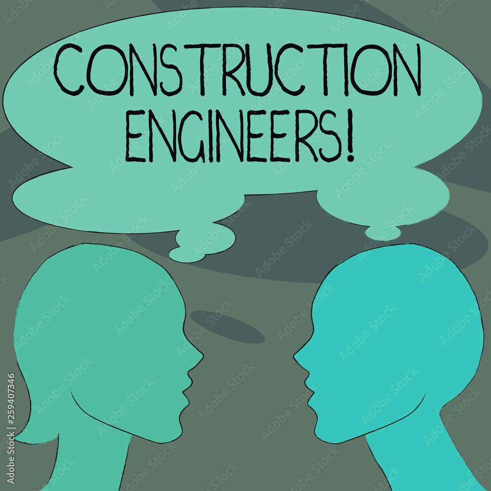 Handwriting text Construction Engineers. Conceptual photo discipline that deals with designing and planning Silhouette Sideview Profile Image of Man and Woman with Shared Thought Bubble