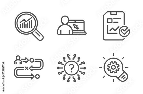 Report checklist, Data analysis and Question mark icons simple set. Journey path, Online education and Cogwheel signs. Sales growth file, Magnifying glass. Science set. Line report checklist icon