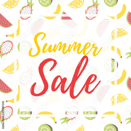 Summer sale flyer. Vector poster for summer sale with writing on seamless pattern with fruits