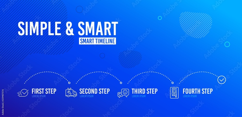 Infographic timeline. Checkbox, Smile and Car service icons simple set. Coffee vending sign. Approved, Socila media, Repair service. Coffee vending machine. 4 steps layout. Line checkbox icon. Vector Infographic timeline. Checkbox, Smile and Car service icons simple set. Coffee vending sign. Approved, Socila media, Repair service. Coffee vending machine. 4 steps layout. Line checkbox icon. Vector