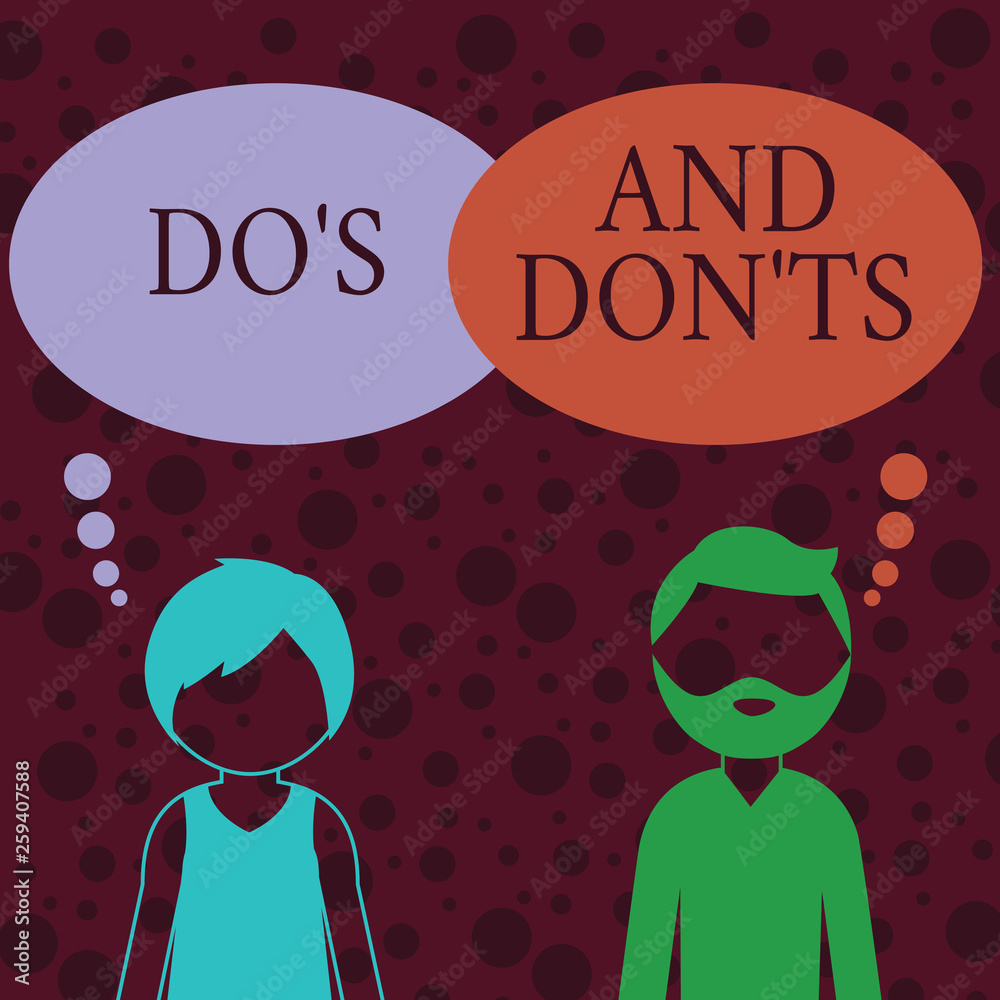 Conceptual hand writing showing Do S And Don Ts. Concept meaning Rules or customs concerning some activity or actions Bearded Man and Woman with the Blank Colorful Thought Bubble Conceptual hand writing showing Do S And Don Ts. Concept meaning Rules or customs concerning some activity or actions Bearded Man and Woman with the Blank Colorful Thought Bubble