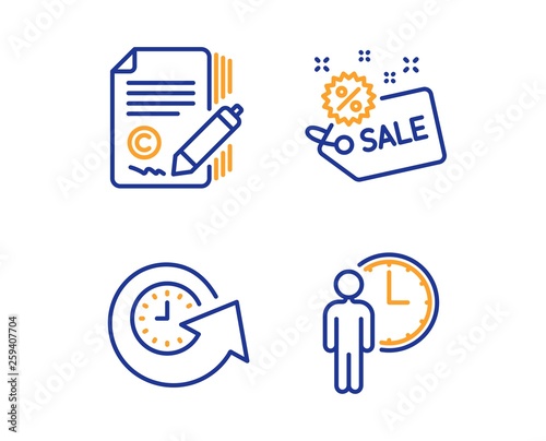 Sale, Update time and Copywriting icons simple set. Waiting sign. Shopping tag, Refresh watch, Ð¡opyright signature. Service time. Linear sale icon. Colorful design set. Vector