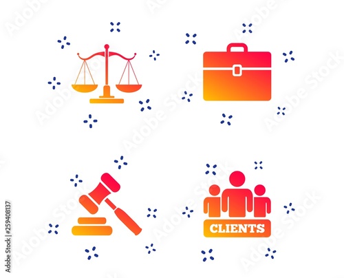 Scales of Justice icon. Group of clients symbol. Auction hammer sign. Law judge gavel. Court of law. Random dynamic shapes. Gradient lawyer icon. Vector