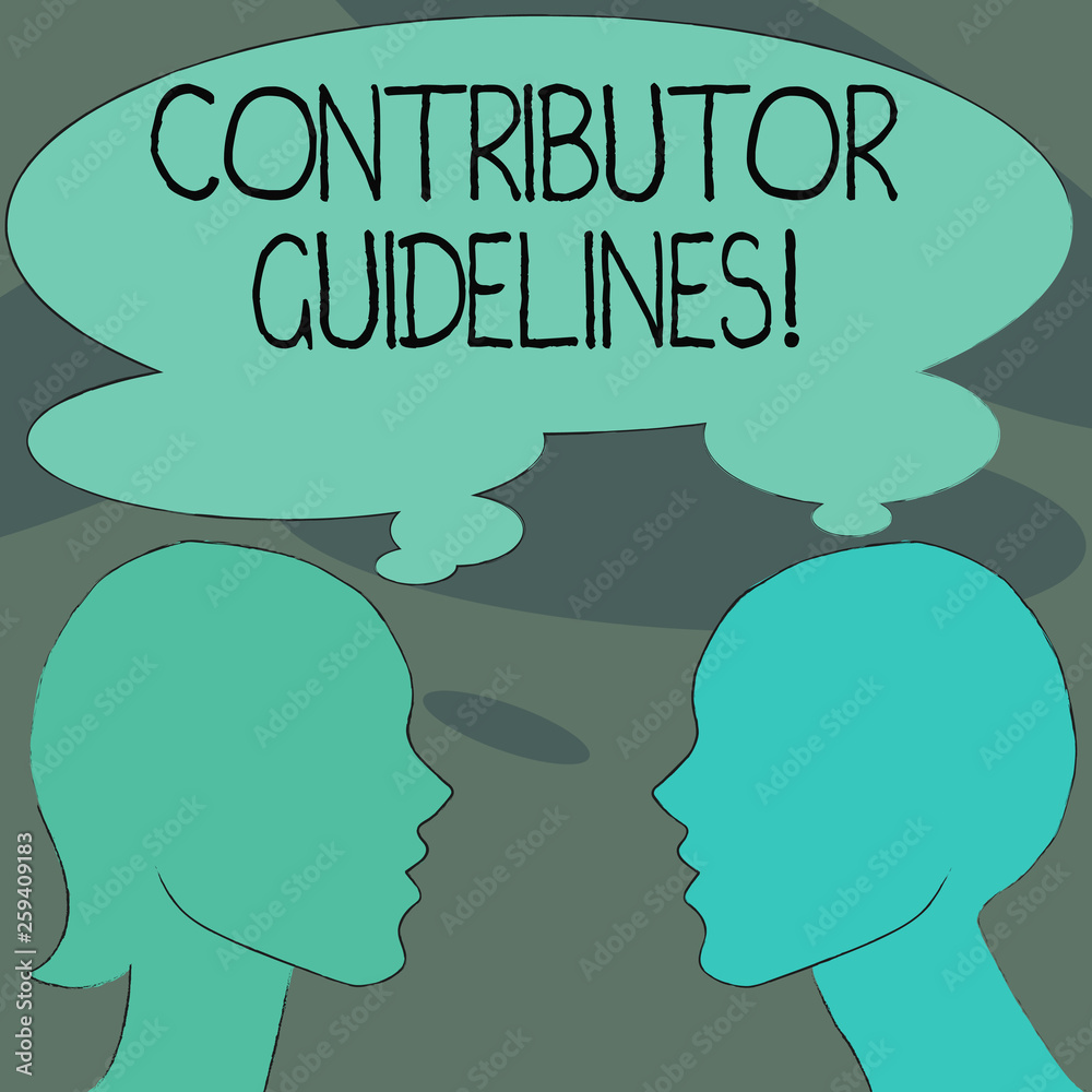 Handwriting text Contributor Guidelines. Conceptual photo demonstrating who writes articles for magazine or newspaper Silhouette Sideview Profile Image of Man and Woman with Shared Thought Bubble