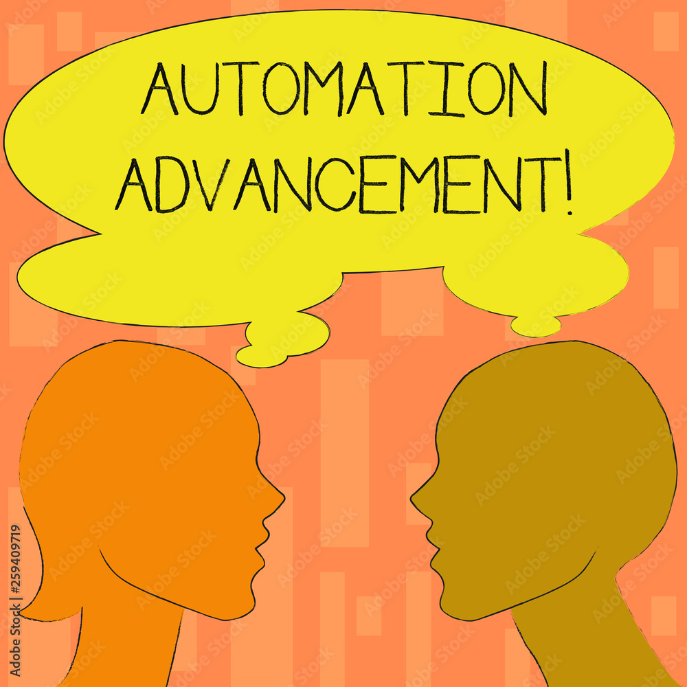 Word writing text Automation Advancement. Business photo showcasing application of machines tasks once performed huanalysiss Silhouette Sideview Profile Image of Man and Woman with Shared Thought