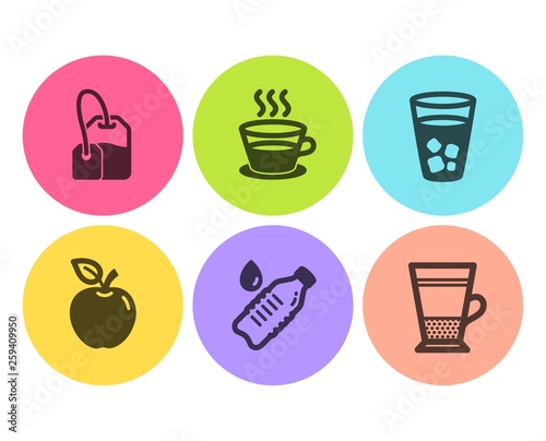 Ice tea  Apple and Coffee cup icons simple set. Tea bag  Water bottle and Double latte signs. Soda beverage  Fruit. Food and drink set. Flat ice tea icon. Circle button. Vector