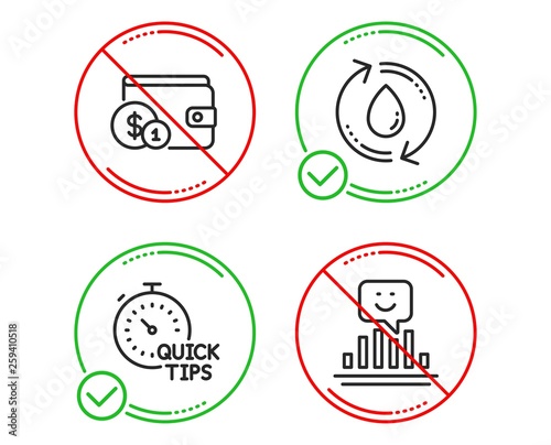 Do or Stop. Buying accessory, Quick tips and Refill water icons simple set. Smile sign. Wallet with coins, Helpful tricks, Recycle aqua. Positive feedback. Line buying accessory do icon. Vector
