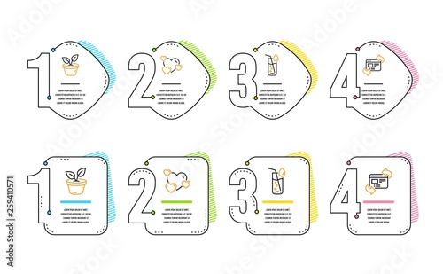Leaves, Water glass and Heart icons simple set. Refresh website sign. Grow plant, Soda drink, Love rating. Update internet. Infographic timeline. Line leaves icon. 4 options or steps. Vector