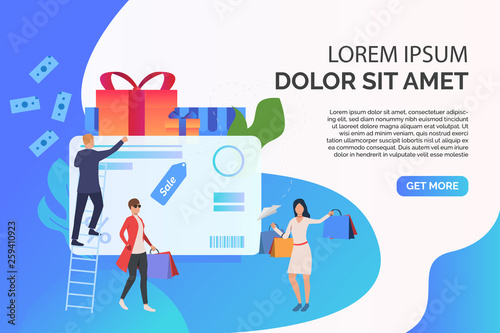 Credit card, presents and shoppers page vector illustration