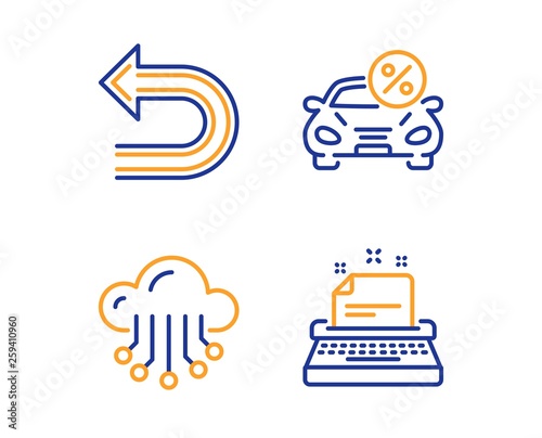 Car leasing, Undo and Cloud storage icons simple set. Typewriter sign. Transport discount, Left turn, Data service. Instruction. Linear car leasing icon. Colorful design set. Vector