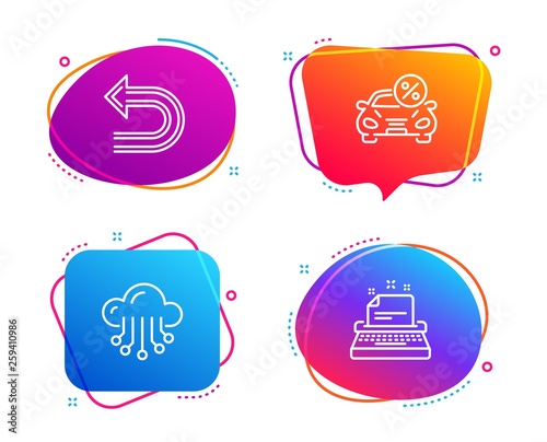 Car leasing, Undo and Cloud storage icons simple set. Typewriter sign. Transport discount, Left turn, Data service. Instruction. Speech bubble car leasing icon. Colorful banners design set. Vector