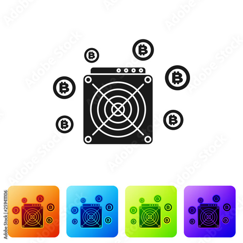Black ASIC Miner icon isolated on white background. Cryptocurrency mining equipment and hardware. Application specific integrated circuit. Set icon in color square buttons. Vector Illustration