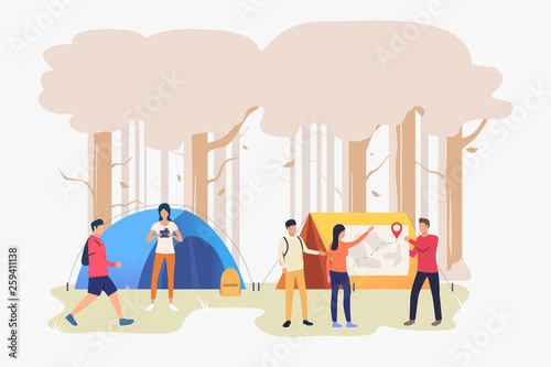 Hikers friends talking and examining map vector illustration