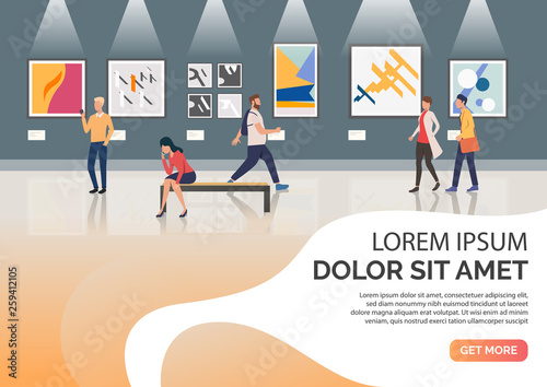 Slide page with visitors of exhibition vector illustration