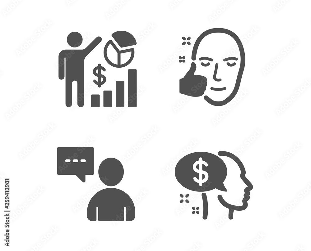 Set of Seo statistics, Healthy face and Users chat icons. Pay sign. Analytics chart, Healthy cosmetics, Communication concept. Beggar.  Classic design seo statistics icon. Flat design. Vector
