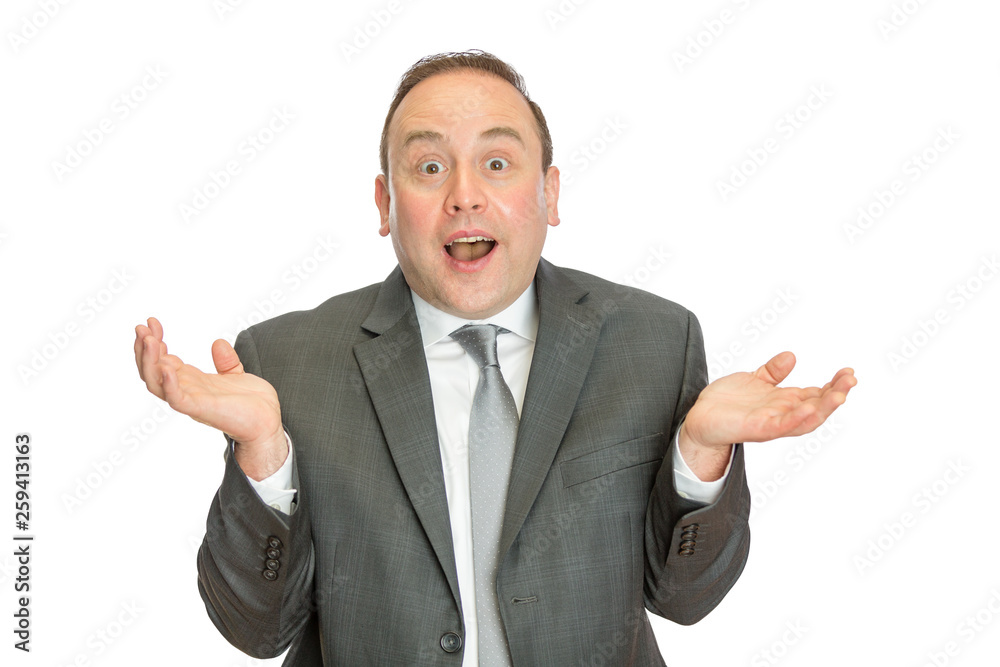 Funny, comical business man in suit shrugging Funny, comical business man in suit shrugging
