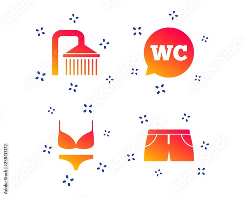 Swimming pool icons. Shower water drops and swimwear symbols. WC Toilet speech bubble sign. Trunks and women underwear. Random dynamic shapes. Gradient pool icon. Vector