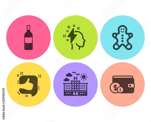 Wine bottle, Brainstorming and Like icons simple set. Hotel, Gingerbread man and Buying accessory signs. Cabernet sauvignon, Lightning bolt. Flat wine bottle icon. Circle button. Vector