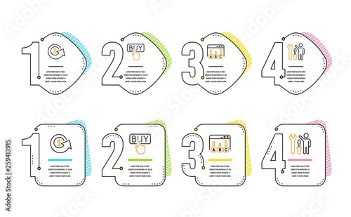 Buying, Survey results and Dollar exchange icons simple set. Repairman sign. E-commerce shopping, Best answer, Money refund. Repair screwdriver. Technology set. Infographic timeline. Line buying icon