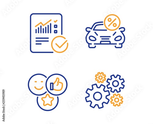 Car leasing, Like and Checked calculation icons simple set. Cogwheel sign. Transport discount, Social media likes, Statistical data. Engineering tool. Technology set. Linear car leasing icon. Vector