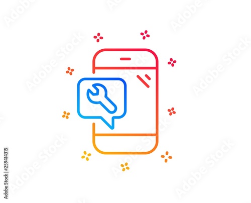 Spanner tool line icon. Phone repair service sign. Fix instruments symbol. Gradient design elements. Linear phone repair icon. Random shapes. Vector