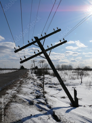 Photo of a falling pole for electrical wires near the road on a frosty bright sunny day
