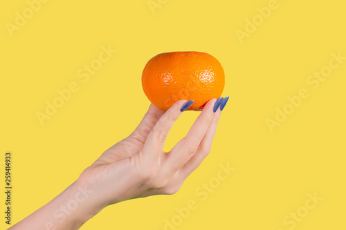 Closeup view of beautiful female hand holding one big orange ripe mandarin isolated on yellow background. Healthy eating concept. Horizontal color photography.