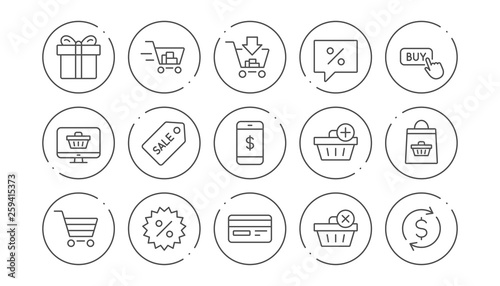Shopping bag line icons. Gift  Present and Sale discount. Delivery linear icon set. Line buttons with icon. Editable stroke. Vector