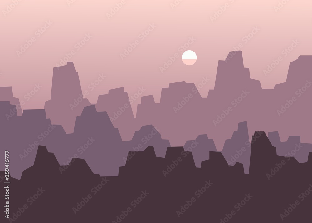 sunset over the mountains on a background of lilac sky